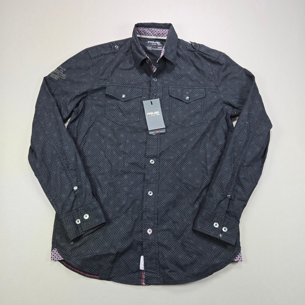 Projek Raw Button Down Indigo‎ Peak Geometric Utility Black Mens Small NEW